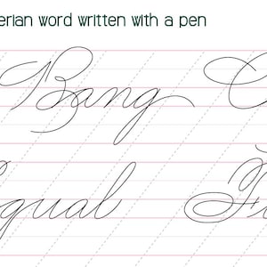 May include: A close-up of a page with Spencerian script practice. The words "Bang", "Circle", "Equal", and "Two" are written in elegant cursive with a pen. The text "Spencerian word written with a pen" is at the top.