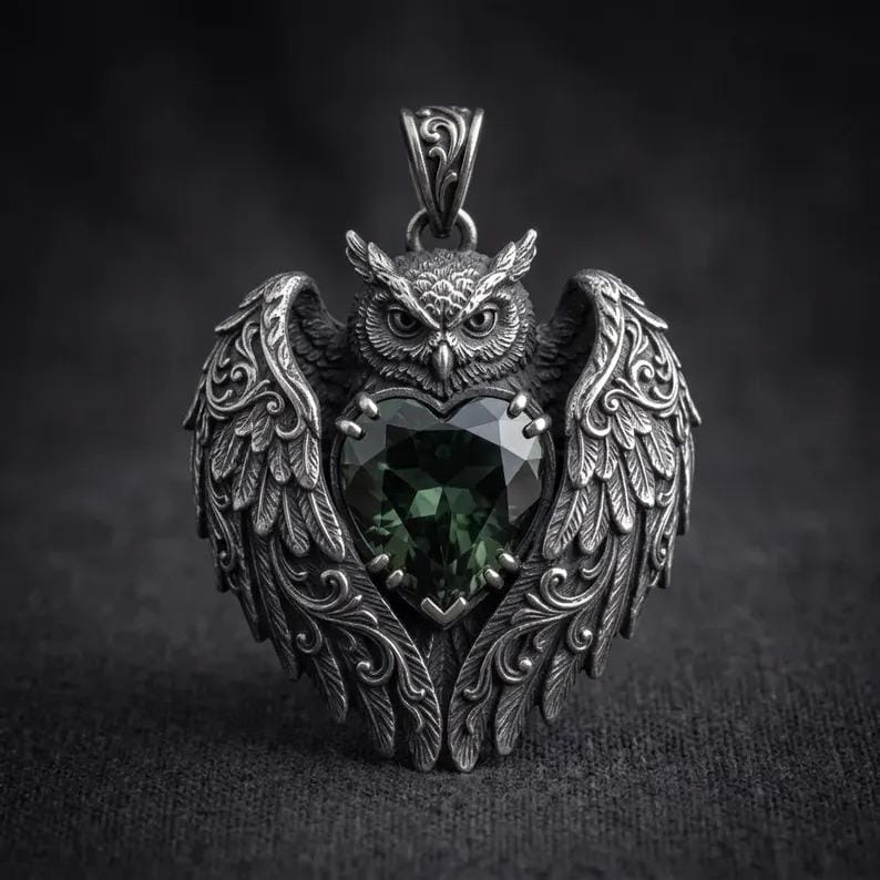 Owl Heart Pendant Necklace, Gothic Owl Jewelry, Winged Owl Pendant, Celestial Statement Necklace, Bi