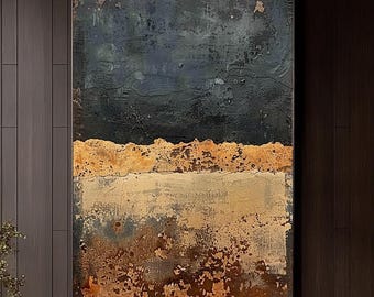 Tableau abstrait texturé représentant un paysage, peinture wabi-sabi noir et or, décoration moderne et neutre pour salon, toile verticale.