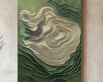 Peinture à l'huile abstraite topographique verte, art mural à contours superposés, décor japonais moderne vert sauge et olive