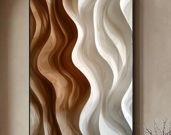 Grande opera d'arte a onde verticali marrone e beige, dipinto astratto con texture, decorazione murale minimalista e neutra per soggiorno.