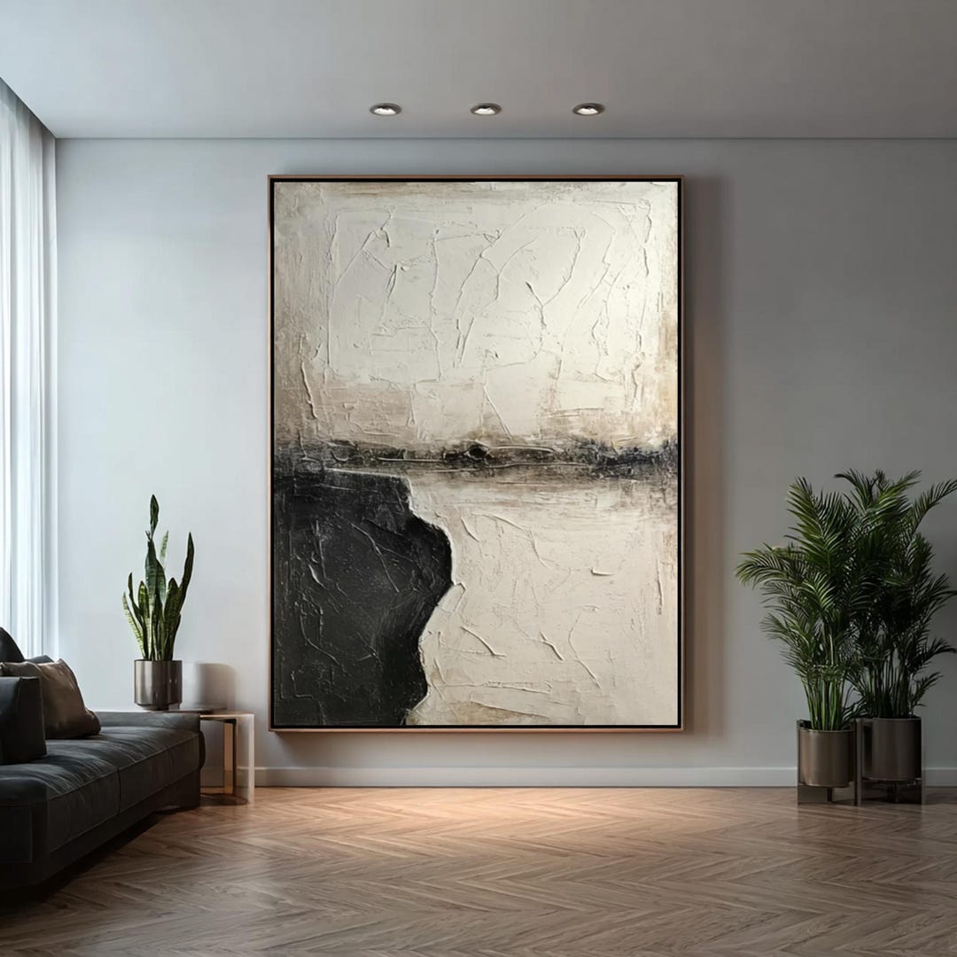Minimalist Textured Abstract Painting, Black Beige Neutral Wall Art ...