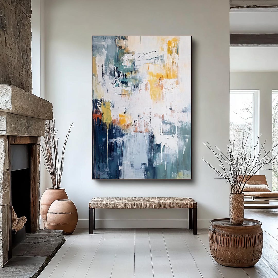 Large Blue Yellow Abstract Painting, Modern Colorful Wall Art ...