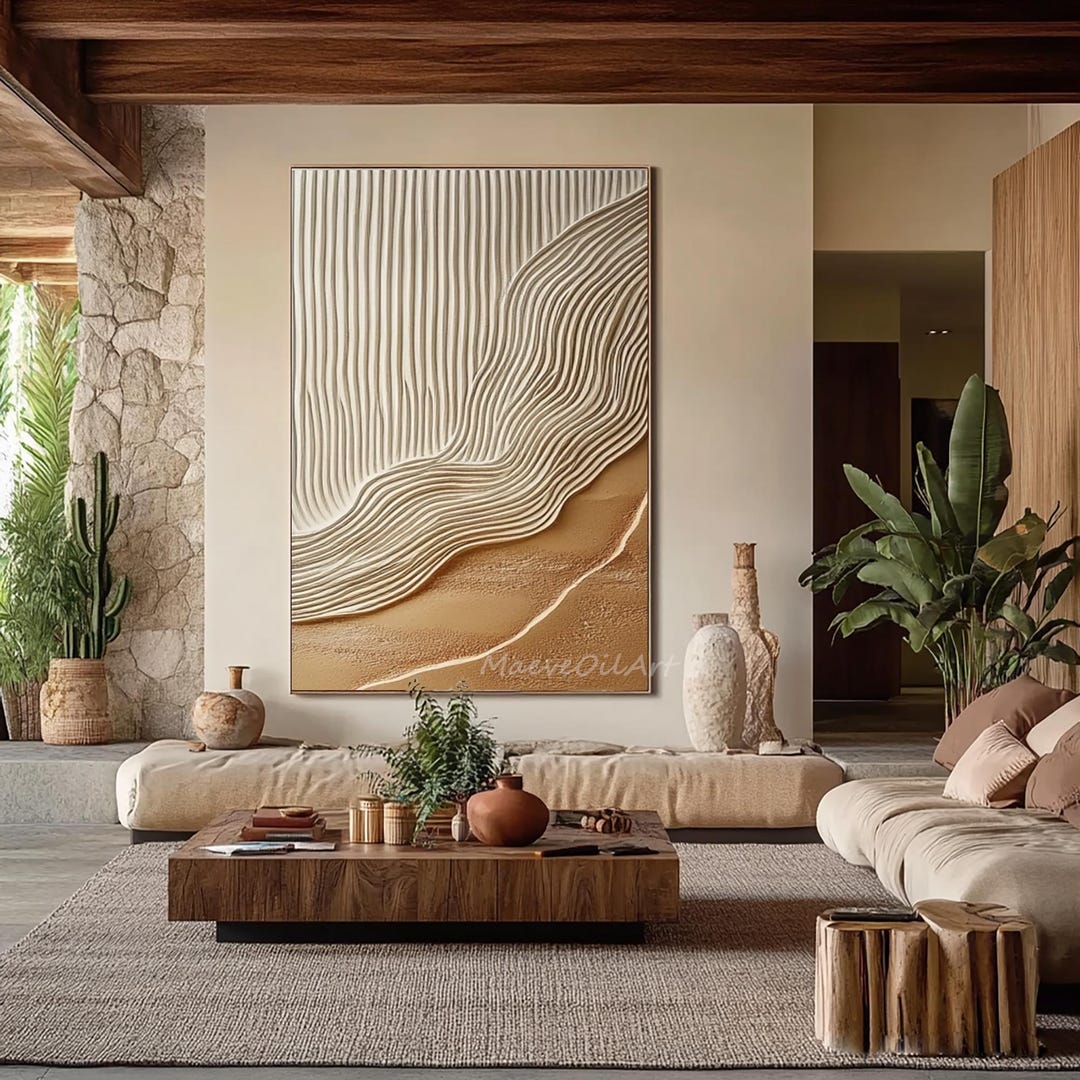 Large 3D Textured Beige Abstract Wall Art, Wabi Sabi Sand Dune Oil ...