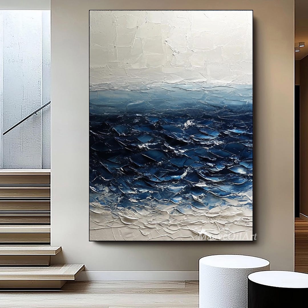 Textured Ocean Wave Oil Painting, Blue Seascape Wall Art, Coastal ...