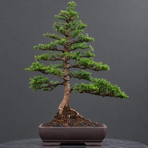 May include: A coniferous bonsai tree with dense green foliage and a textured brown trunk, featuring dark wire training along its branches. The tree is planted in a rectangular, matte brown ceramic pot filled with dark, granular soil.