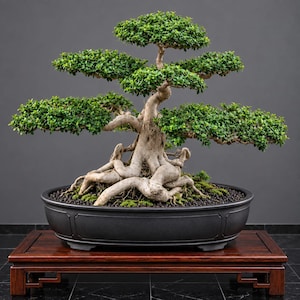 Può includere: Un bonsai con un tronco spesso, nodoso e di colore chiaro con radici esposte, caratterizzato da più livelli di foglie piccole, verdi e dense. L'albero è piantato in un ampio vaso ovale in ceramica nera opaca riempito di terriccio scuro.