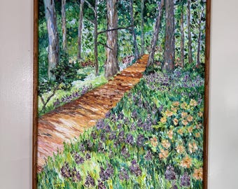 Vintage Nature Oil Painting 1980's Artist Signed Landscape Cottage/ Outdoors Art Floral Path