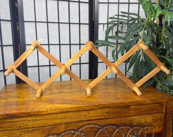 Vintage MCM Accordion Wall Rack | Wood Peg Hat Hanger, Expandable Hooks, Mid Century Decor