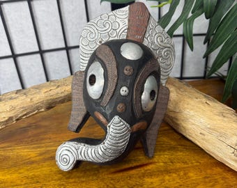 Vintage Elephant Head Hand Painted Wooden Wall Mask