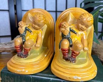 Vintage Hummel Bookends Figurine Set of Little Boy Napping with Toy Doll