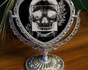 Hand‑engraved silver heart mirror • Skull & floral design • Gothic witchy decor • One‑of‑a‑kind 24×20 cm