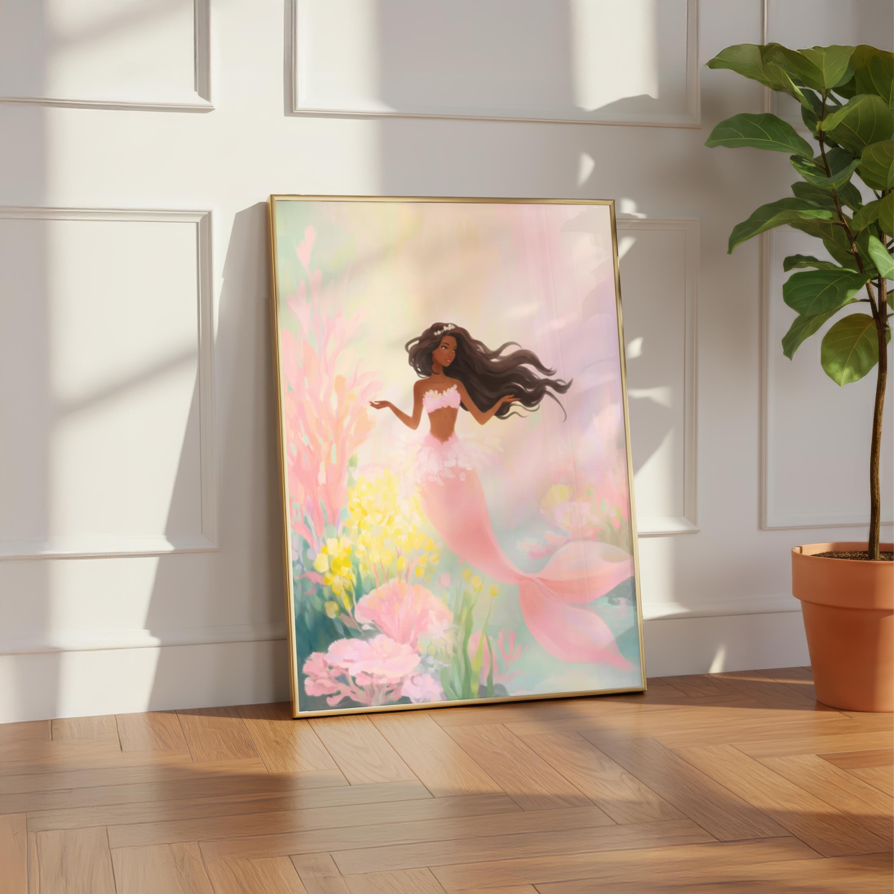 Pink Black Mermaid Wall Art Print: Whimsical Underwater Kids Room Decor ...
