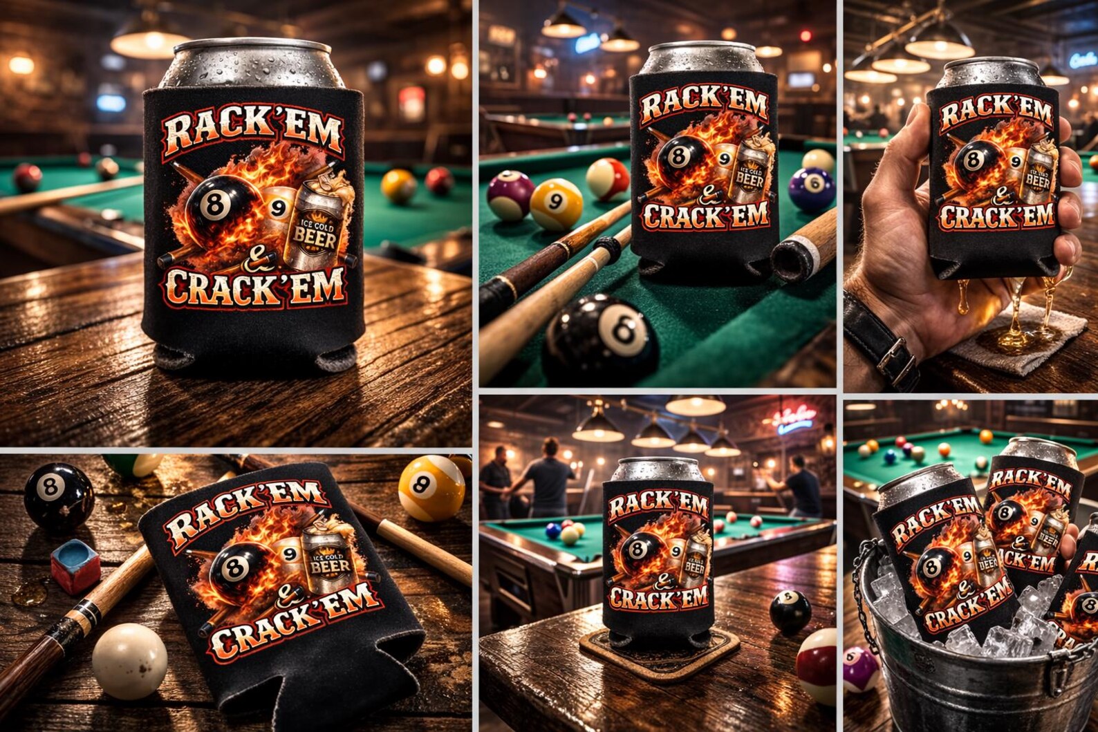 Koozie Rack Pool Hall Beer Koozie – Rack 'em & Crack 'em Billiards Player 12oz Can ...