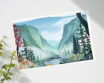 Original Oil Pastel Landscape Painting: Mountain Valley River Artwork (6x4 Inch)