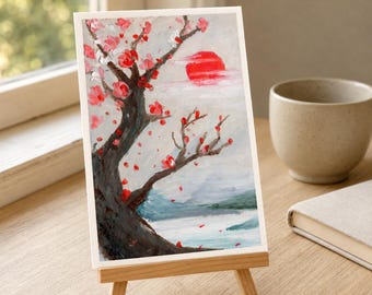 Original Oil Pastel Plum Blossom Painting, Red Sun, 4x6 Inch Mini Floral Landscape Art