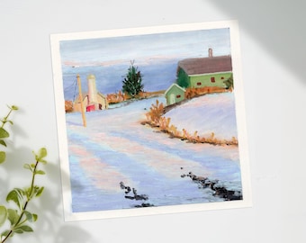 Original Oil Pastel Winter Landscape Painting Mini Snow Scene Cottage Farm 4x4 inch Art