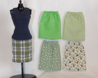 11.5" Fashion Doll Clothes / 1/6 Scale Doll Skirt / GREEN FABRICS / Pull-on Skirt / Pencil Skirt / Express Shipping Available at Checkout