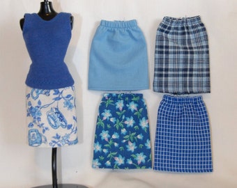 11.5" Fashion Doll Clothes / 1/6 Scale Doll Skirt / BLUE FABRICS / Pull-on Skirt / Pencil Skirt / Express Shipping Available at Checkout