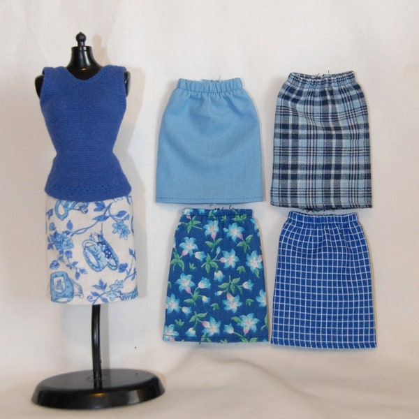 11.5" Fashion Doll Clothes / 1/6 Scale Doll Skirt / BLUE FABRICS / Pull-on Skirt / Pencil Skirt / Express Shipping Available at Checkout