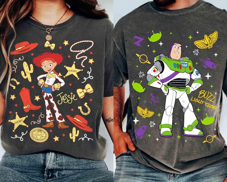 Comfort Colors Jessie And Buzz Lightyear Infinity Love Couples T-Shirt, Pixar Toy Story Land Shirt, Toy Story 5, Disneyland Family Trip 2026 image 1