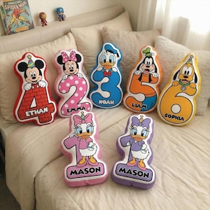 Mickey Minnie Birthday Plush Pillow, Disney Birthday Party Decor, Mickey Mouse Plush Gift, Minnie Mouse Cushion, Disney Kids Birthday Gift image 1