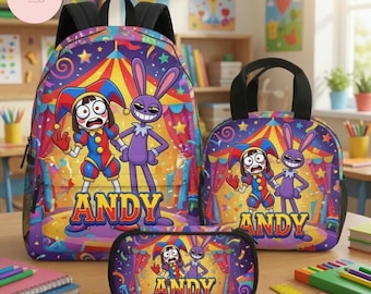Personalized Backpack Set, The Amazing Digital Circus Design, School Lunch Bag, Custom Name Backpack, Birthday Gift for