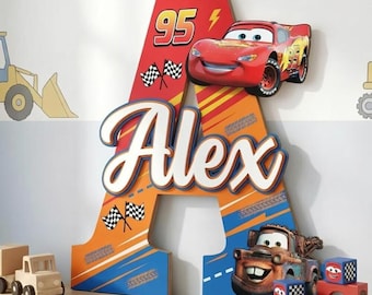 Nom personnalisé voitures Disneyland, décoration de chambre d'enfant Lightning McQueen, lettre en bois personnalisée Alex, art mural Mater, cadeau d'anniversaire de chambre de garçon