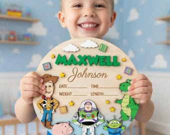 Toy Story Geburtsankündigungsschild, Neugeborenen-Statistiken aus Holz, Woody Buzz Lightjahre Kinderzimmerdeko, personalisiertes Disneyland-Babynamenschild