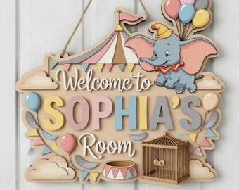 Dumbo Holztürschild Personalisierte Name Zimmer Dekor, Elefant Kinderzimmer Schild, Benutzerdefinierte Kinder Schlafzimmer Tür Schild Geschenk