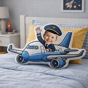 Custom Photo Airplane KidPillow | Personalized Pilot Shape Plush | Cute Aviation Baby Gift | KidsRoom Plane Decor image 1