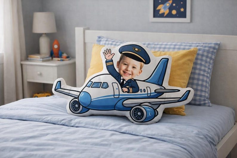 Custom Photo Airplane KidPillow | Personalized Pilot Shape Plush | Cute Aviation Baby Gift | KidsRoom Plane Decor image 1