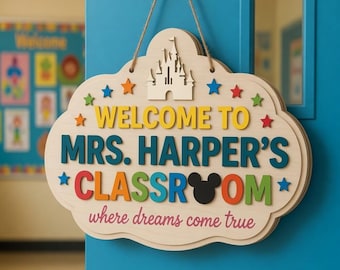 Personalized Classroom Sign, Disney Teacher Door Decor, Custom Wood Hanging, Schoolroom Sign, Disney Classroom, Teacher Gift, Wall Art