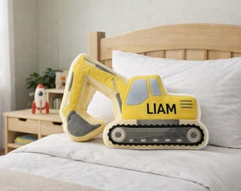 Personalized Construction Custom Pillow, Excavator Name Cushion, Boys Room Decor, Son Birthday Gift, Son Christmas Gifts, Truck Name Pillow