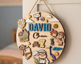 Letrero de madera personalizado inspirado en la película Up de Disneyland, decoración personalizada para la habitación, adorno de pared con temática de aventuras de Carl y Ellie, letrero para dormitorio con forma de casa de globos.