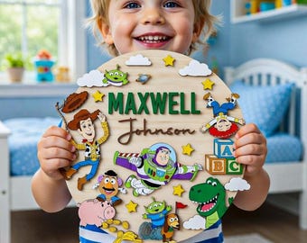 Prénom personnalisé en bois Toy Story, décoration murale en bois avec prénom personnalisé, panneau de chambre Toy Story, panneau de chambre d'enfant, panneau de chambre à coucher Toy Story