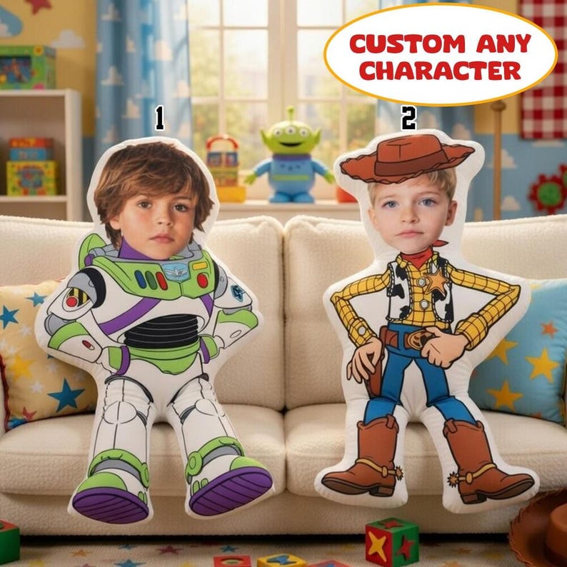 Custom Disneylandland Face Photo Toy Story Pillow, Personalized Buzz Woody Jessie Plush Pillow, Toy Story Birthday Gift, Kids Room Decor image 1