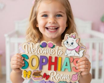 Personalisierte Marie Cat Namensschild, Disneyland inspiriert Aristocats Kinderzimmer Dekor, Holztürschild für Mädchenzimmer, 2-Schicht-Wandkunst