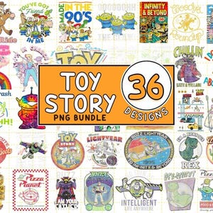 May include: A collection of 36 Toy Story PNG designs, featuring various characters and quotes from the animated film. The designs include images of Woody, Buzz Lightyear, and the Little Green Men, with text like "Infinity & Beyond" and "Talkin' Trash".