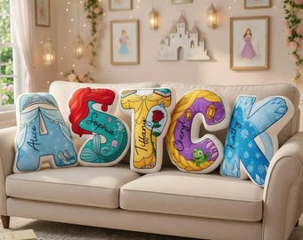 Disneyland Princess Inspired Name Pillow, Snow White Belle Ariel Aurora Kids Gift, Personalized Alphabet Pillow, Custom Princess Plush Decor