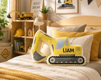 Cojín personalizado con diseño de construcción, cojín con nombre de excavadora, decoración para habitación de niño, regalo de cumpleaños para hijo, regalos de Navidad para hijo, cojín con nombre de camión.