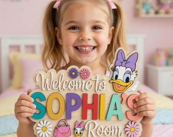 Personalisierte Daisy Duck Namensschild, individuelles Disneyland inspirierte Kinderzimmer Dekor, Holztürschild für Mädchenzimmer, 3D geschichtete Holzkunst, Geschenk