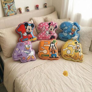 Mickey Minnie Birthday Plush Pillow, Disney Birthday Party Decor, Mickey Mouse Plush Gift, Minnie Mouse Cushion, Disney Kids Birthday Gift image 1