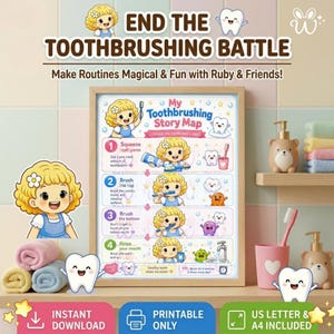 Puede incluir: Un póster enmarcado, titulado "Toothbrushing Story Map", con ilustraciones de una niña de dibujos animados que demuestra cómo cepillarse los dientes. El póster incluye el texto "End the Toothbrushing Battle" y "Make Routines Magical & Fun with Ruby & Friends!"