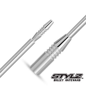 May include: Close-up of two shiny silver car antennas. The antennas have a sleek, modern design with ridged and tapered sections. The logo "STYLZ BILLET ANTENNAS" is visible in the lower right corner.