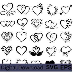 Puede incluir: Una colección de diseños de corazones negros en varios estilos, incluyendo entrelazados, punteados y adornados con elementos florales. La imagen incluye el texto "Digital Download SVG EPS" en la parte inferior, indicando un producto digital.