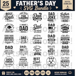 Paquete de 25 diseños SVG para el Día del Padre, SVG divertido para papá, PNG para el Día del Padre con el mejor papá, Camiseta con chiste de papá para Cricut Dxf Ai Eps