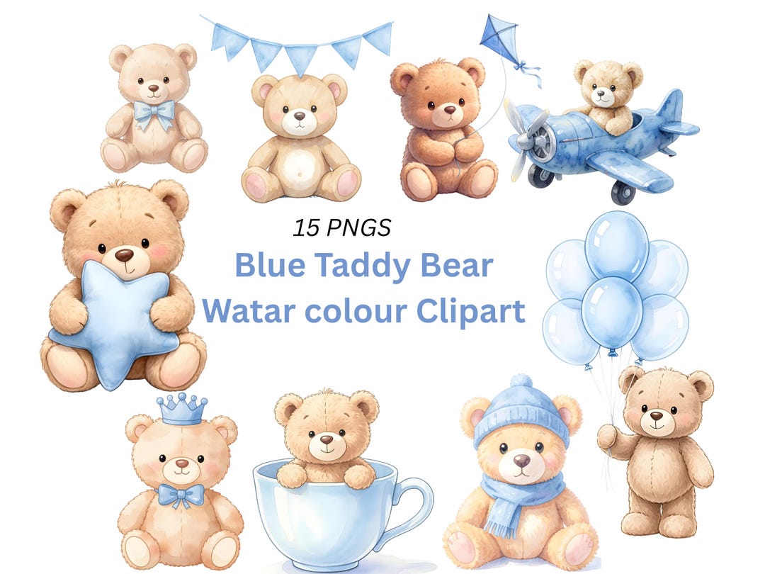 Blue Watercolor Teddy Bear Clipart, Blue Teddy Baby Boy Shower PNG ...