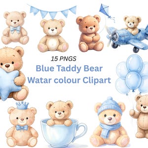 Blauer Aquarell Teddybär Clipart, Blauer Teddy-Baby-Dusche PNG, Blaues Baby Teddy Kinderzimmer PNG, Blauer Teddybär Geburtstagseinladung PNG