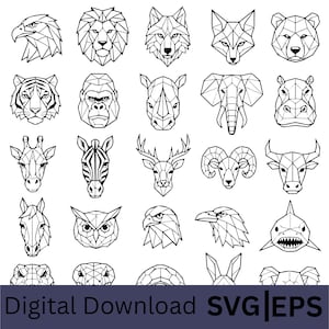 Puede incluir: Ilustraciones geométricas en blanco y negro de varios animales, como un león, un tigre y un oso. La imagen incluye el texto "Digital Download SVG|EPS".